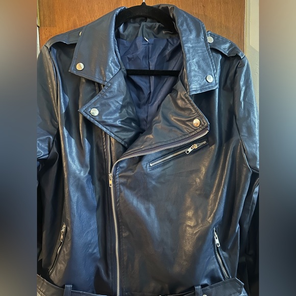 Navy Blue Faux Leather Moto Jacket Size Large - Picture 3 of 4